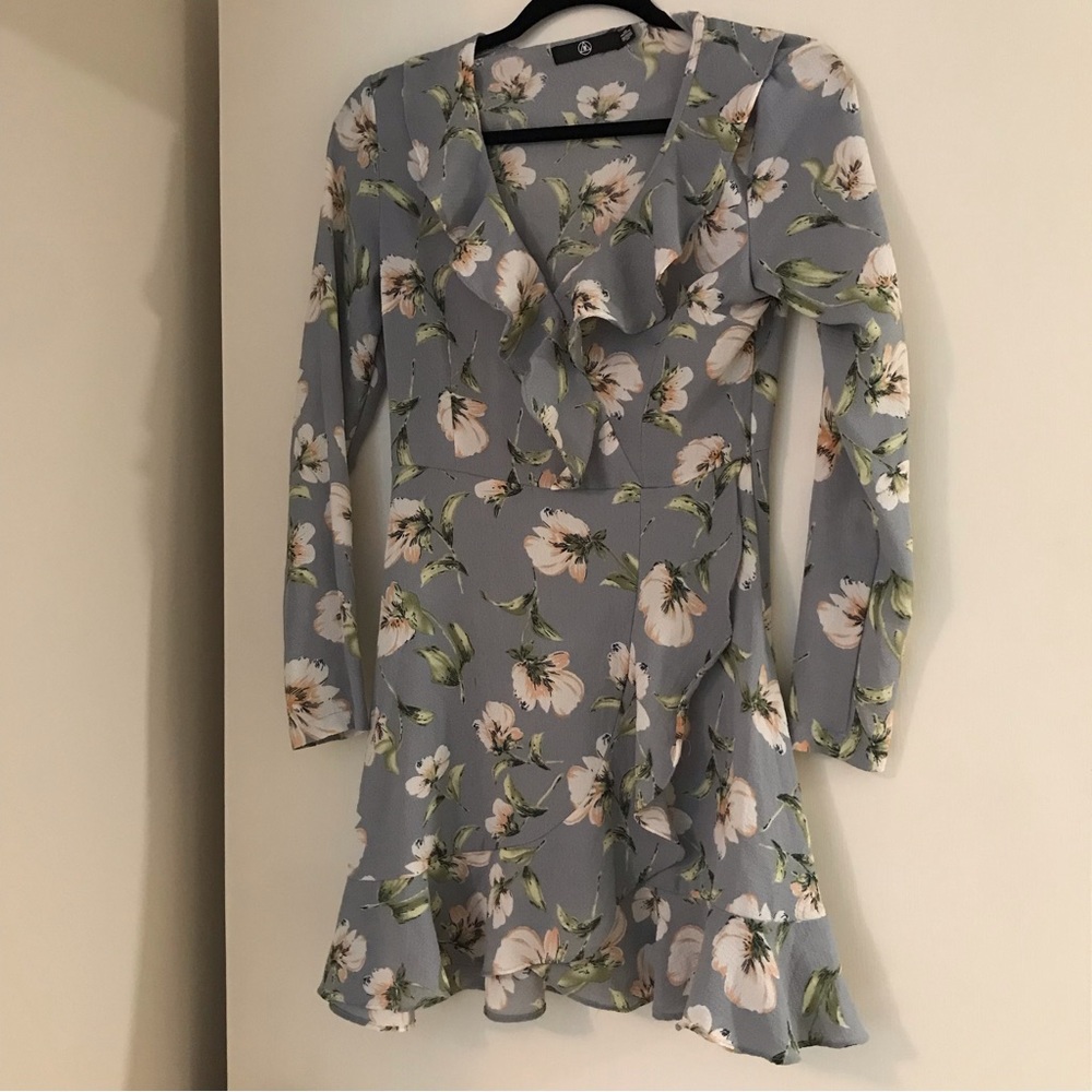 Light Blue Textured Floral Mini Dress Small Long Sleeve V-Neck Ruffle
